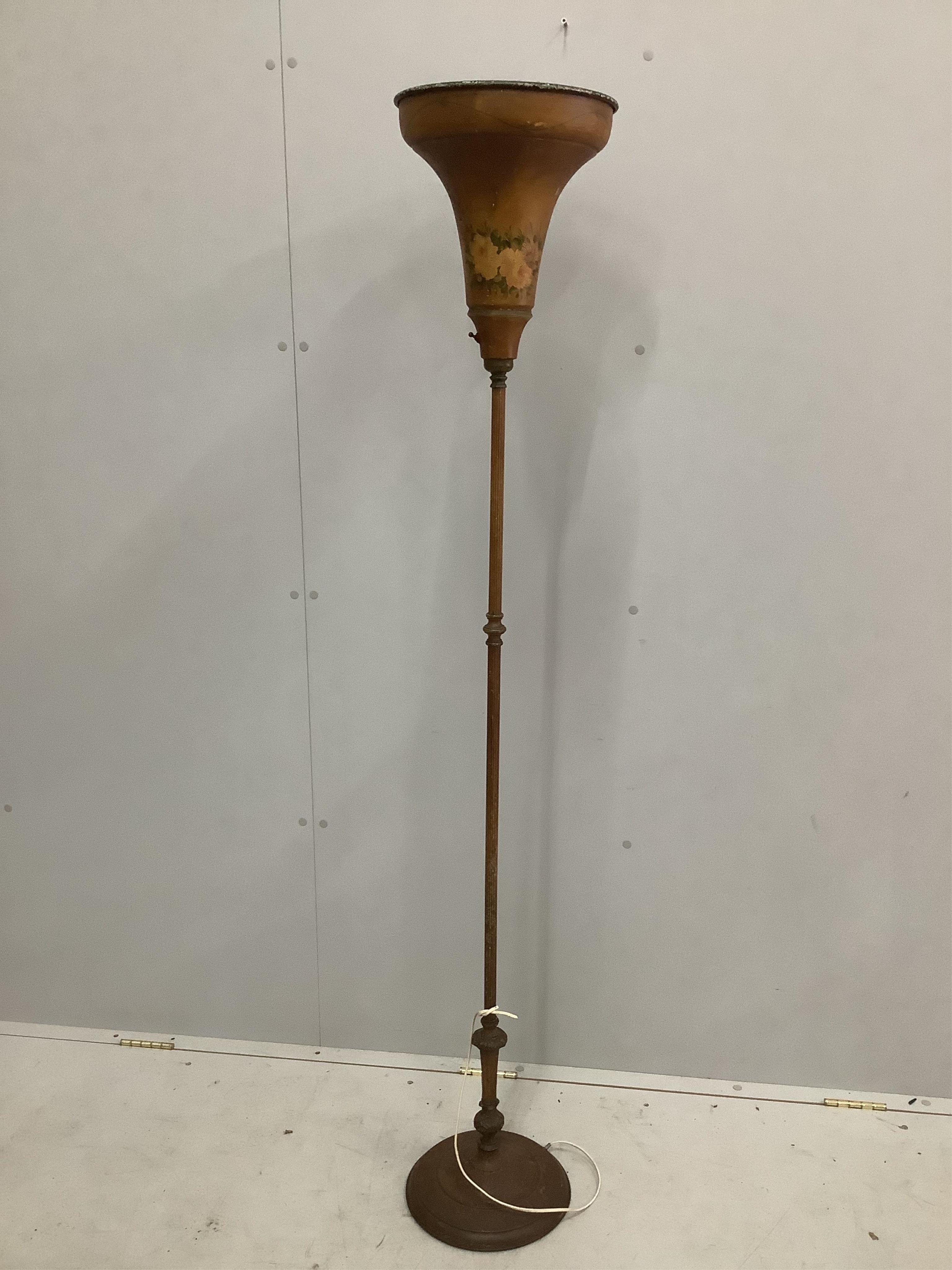 A toleware uplighter, height 164cm. Condition - fair